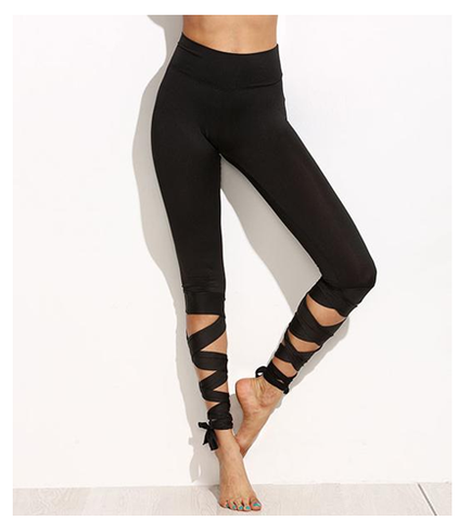 Stretch Leggings Capri Pants with Criss-Cross Laces - BLACK