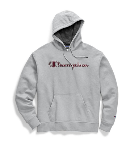Champion Men's Powerblend Fleece Pullover Hoodie Chainstitch Outline Logo Oxford Grey